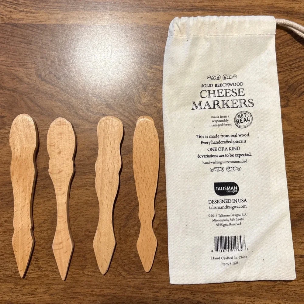 Solid Beechwood Cheese Markers Set of 4 with Storage Bag Gouda Brie Bleu Cheddar